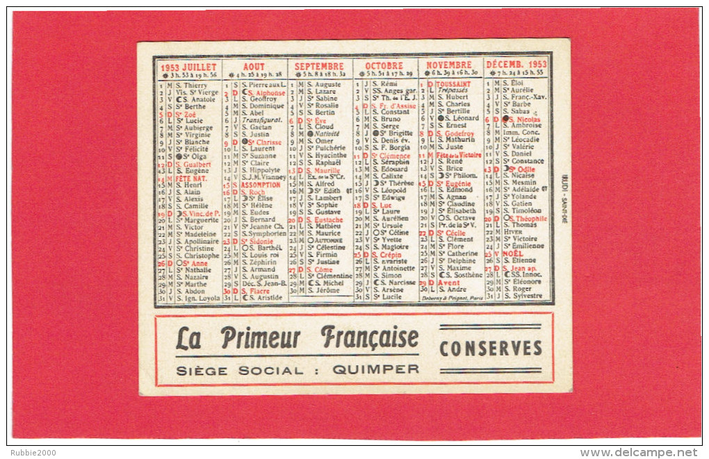 CALENDRIER 1953 LA PRIMEUR FRANCAISE CONSERVES SIEGE SOCIAL QUIMPER - Petit Format : 1941-60