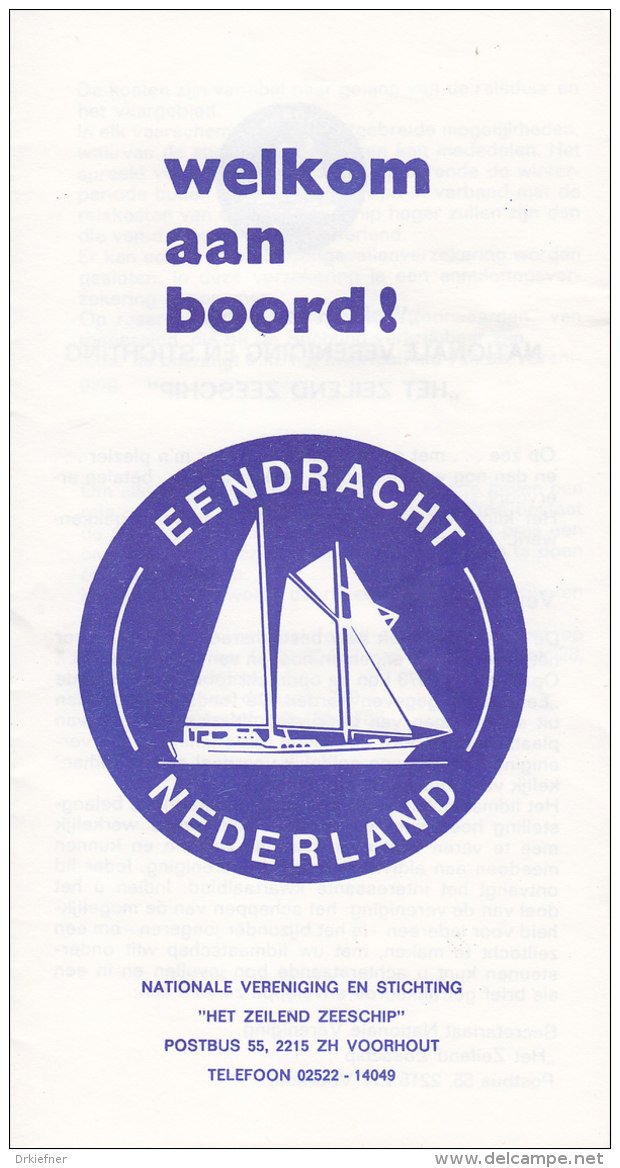 Faltblatt Welkom Aan Boord! Tall Ship "Eendracht", Niederlande, Um 1985 - Sonstige & Ohne Zuordnung