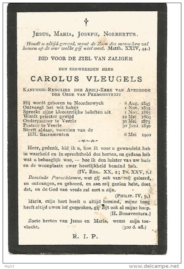 N46.  EERWEERDEN  HEER CAROLUS  VLEUGELS - Kanunnik-Regulier  Van AVERBODE - °NOORDERWYCK 1845 / +VEERLE 1900 - Images Religieuses