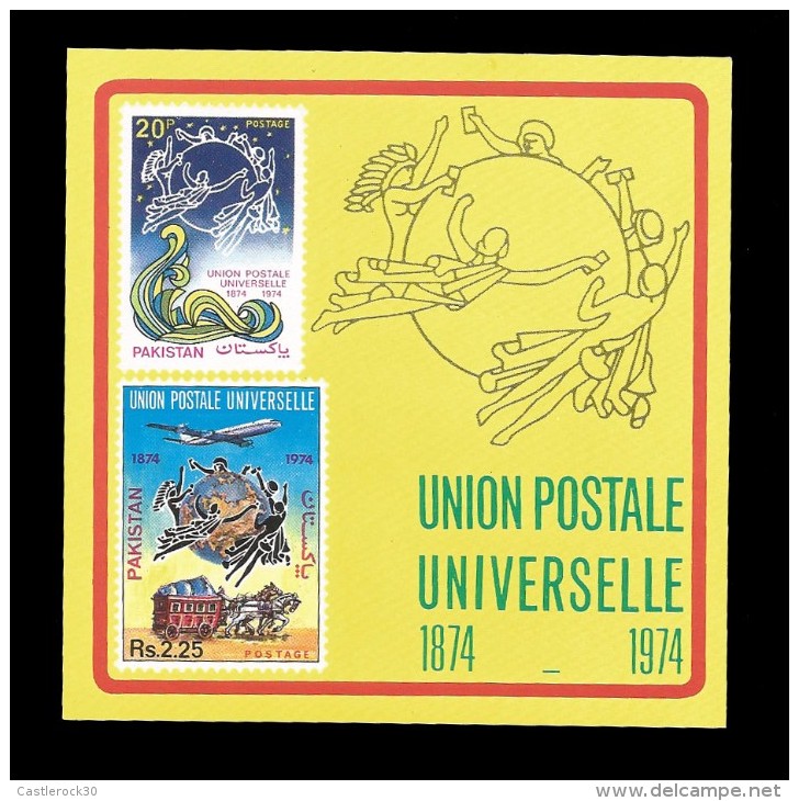 E)1974 PAKISTAN, UPU EMBLEM,JET, MAIL COACH, A171, 372-373, CENTENARY OF UNIVERSAL POSTAL UNION, SOUVENIR SHEET OF 2, IM - Pakistan