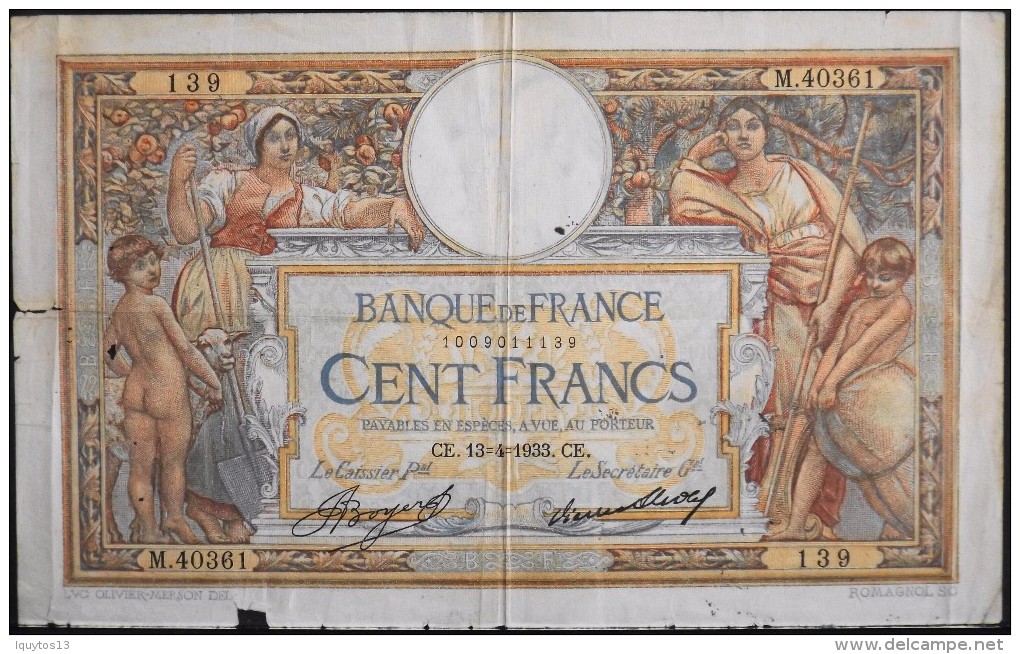 FRANCE 1 BILLET De BANQUE De Cent Francs - Luc Olivier Merson - N° : CE. 13=4=1933. CE . En L'Etat - - 100 F 1908-1939 ''Luc Olivier Merson''