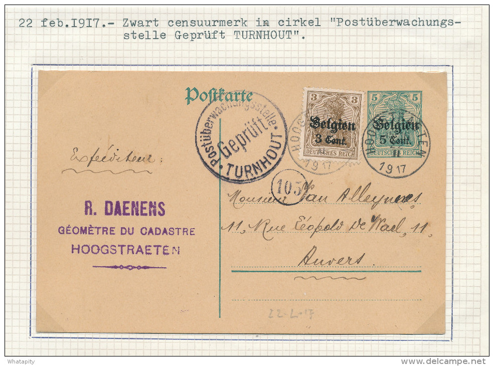 Entier Postal Germania HOOGSTRAETEN 1917 - Censure TURNHOUT- Cachet Daenens , Géomètre Au Cadastre   -- WW789 - OC1/25 Generalgouvernement 