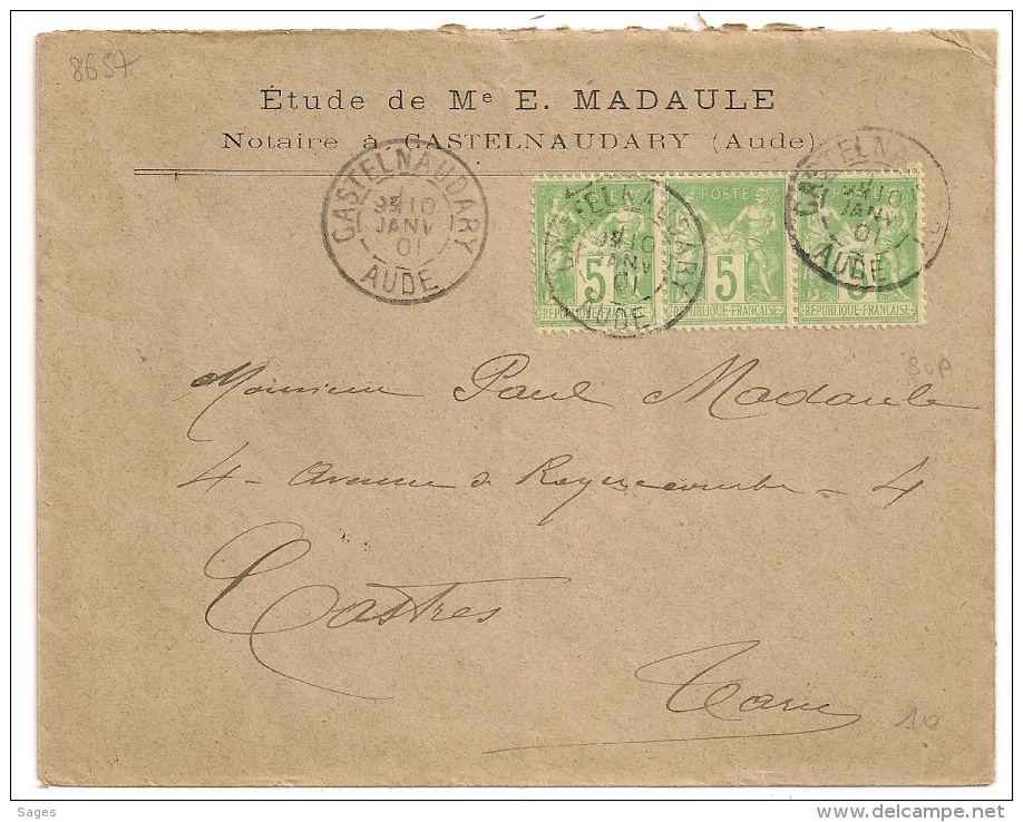 SUPERBE  BANDE DE 3 SAGE 5C Vert Jaune. Type N Sous B. CASTELNAUDARY Aude Sur Enveloppe Notaire. - 1877-1920: Semi-Moderne