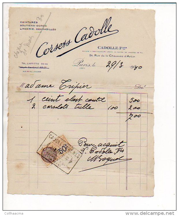 Facture 1930 : Ceintures,soutiens-gorge,lingerie,déshabillés "Corsets Carolle" Rue De La Chaussée D'Antan Paris 9 - 1900 – 1949