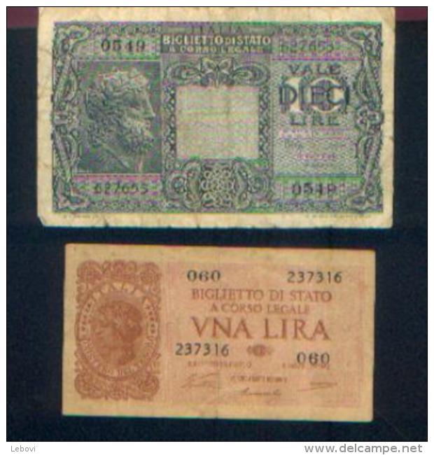 ITALIE - Lot De 2 Billets : 1 Lire 1944 + 10 Lires 1944 - Autres & Non Classés