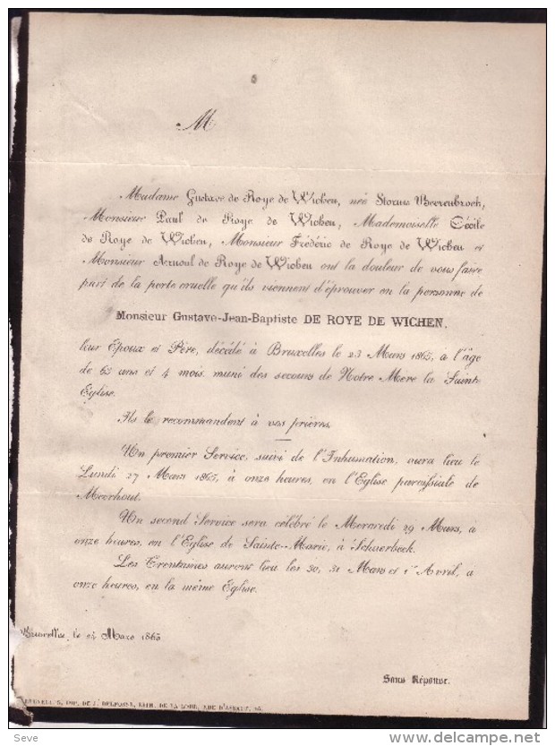 MEERHOUT Gustave-Jean-Baptiste De ROYE De WICHEN 1800-1865 Doodsbrief Bruxelles Famille STORMS BEERENBROEK - Esquela