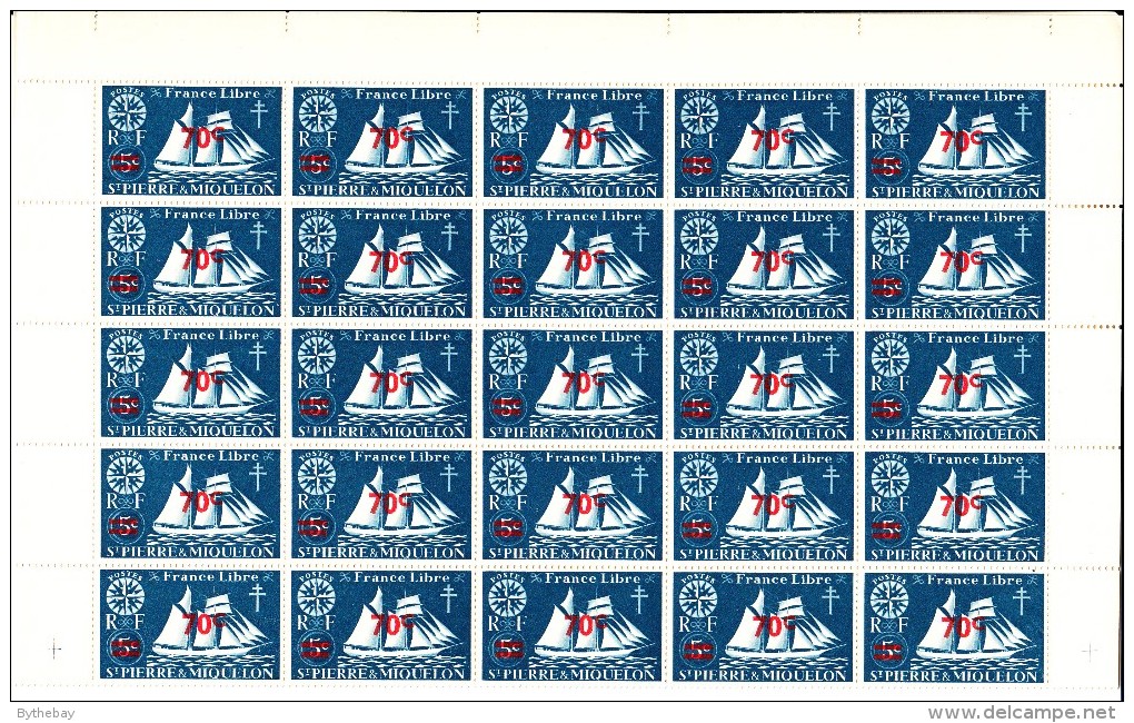 St Pierre Et Miquelon 1945 MNH Scott #315 Sheet Of 50 70c Surcharge On 5c Schooner - Has Been Folded Ink Smear Stamp 41 - Blocs-feuillets