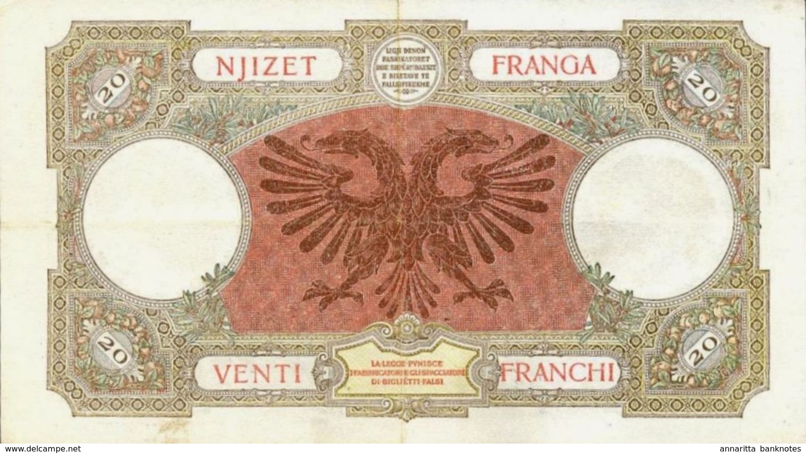 ALBANIA 20 FRANGA ND (1945) P-7 VF [ AL107a ] - Albanie