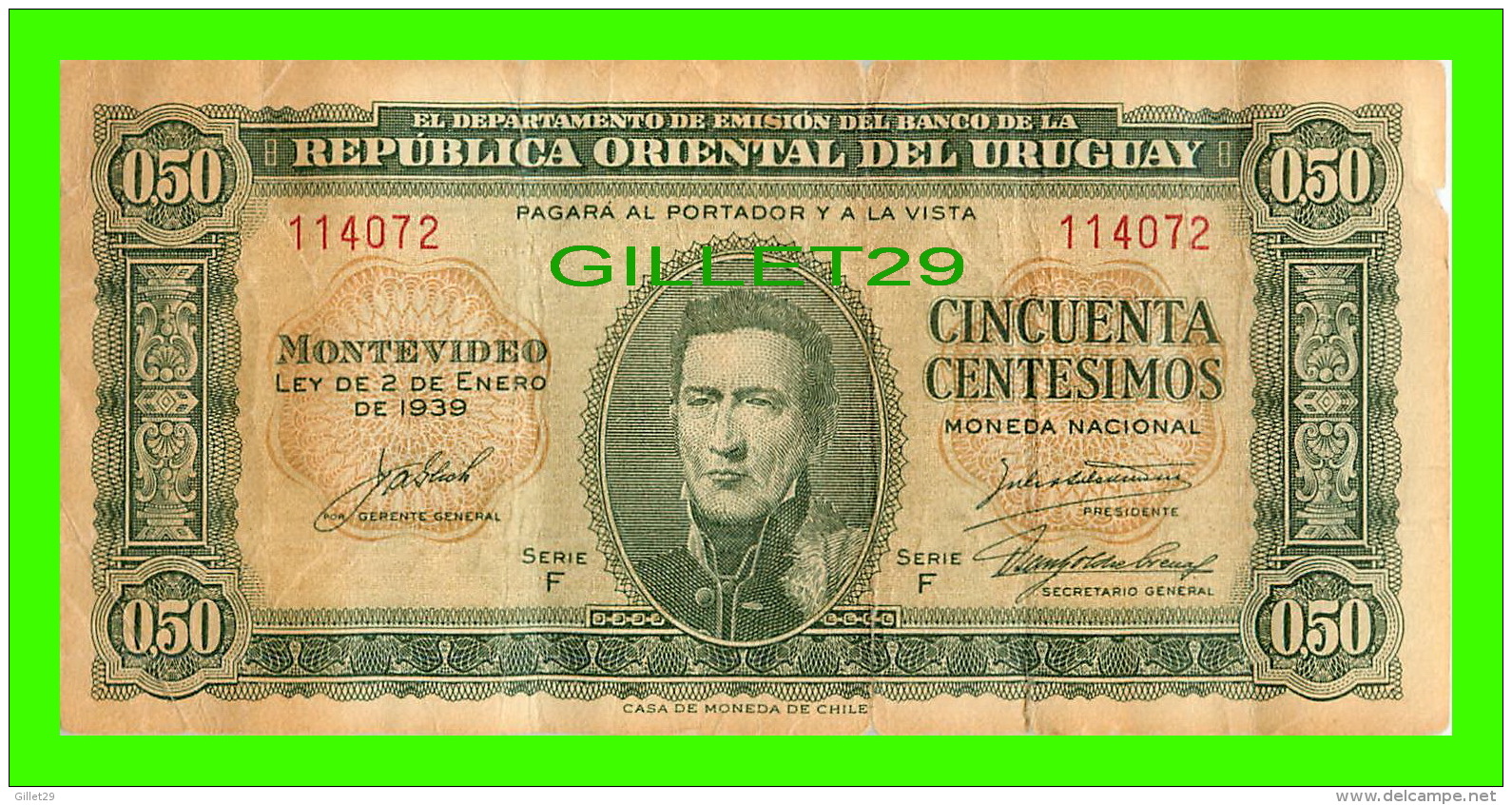 URUGUAY - REPUBLICA ORIENTAL DEL URUGUAY - CINCUENTA CENTESIMOS, 1939 SERIE F No 114072 - - Uruguay