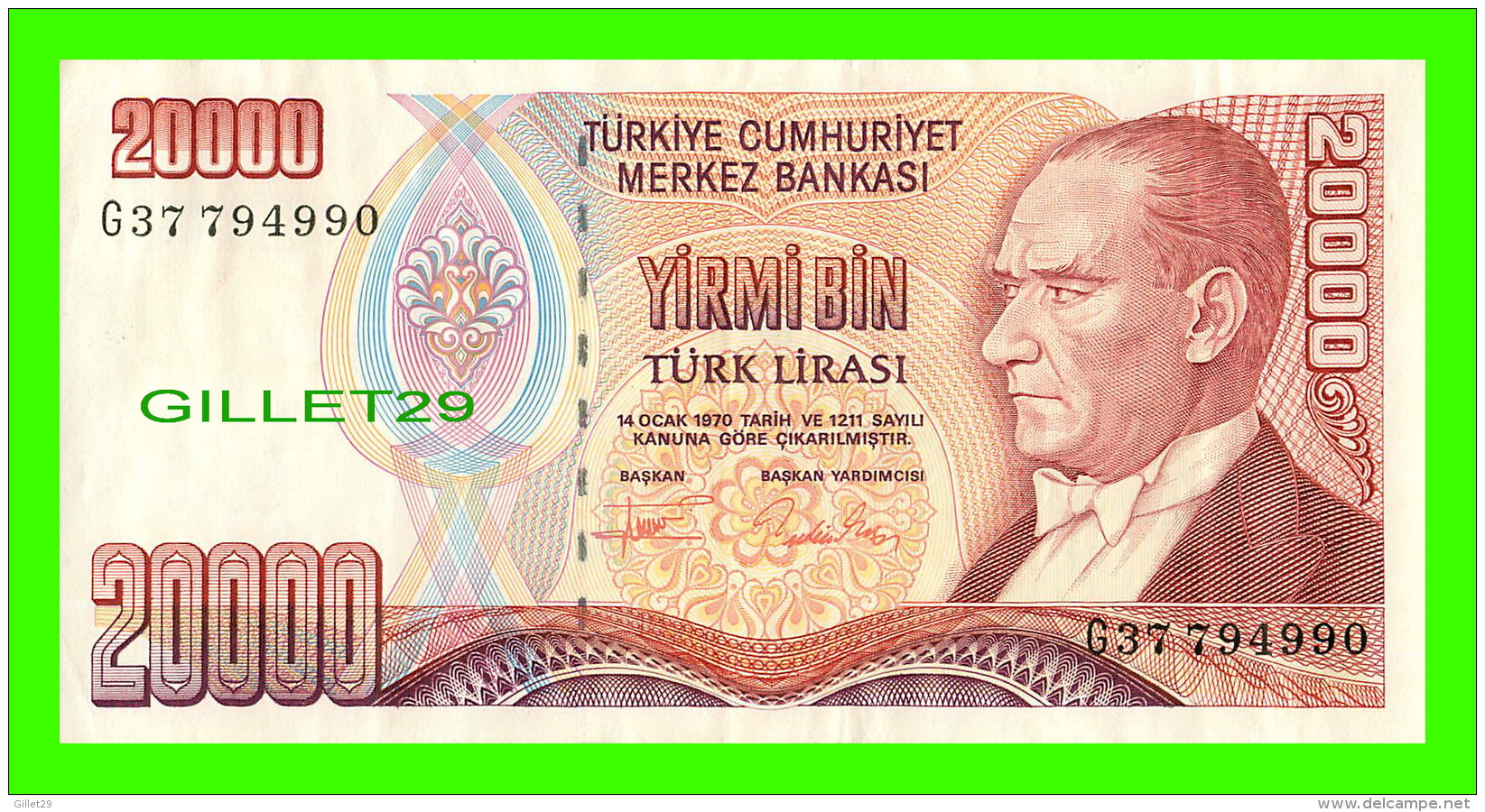 TURQUIS - TURKIYE CUMHURIYET MERKEZ BANKASI - YIRMI BIN, 1970  No G 37794990 - YIRMI BIN TURK LIRASI - - Turquie