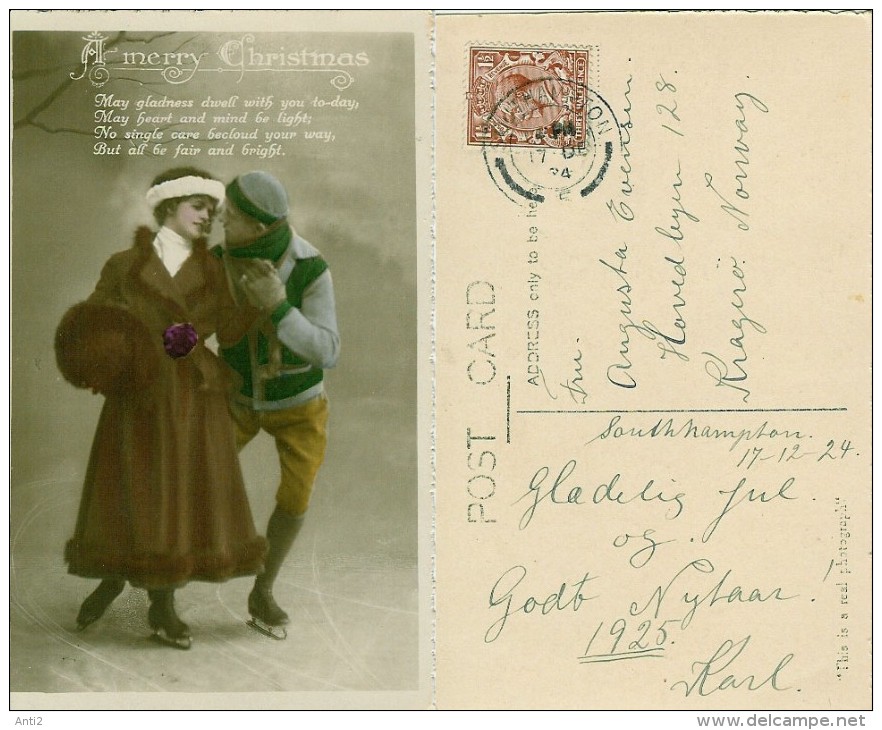 Great Britain 1924 Christmas Card With Cancellation, Pair On Skates, - Lettres & Documents