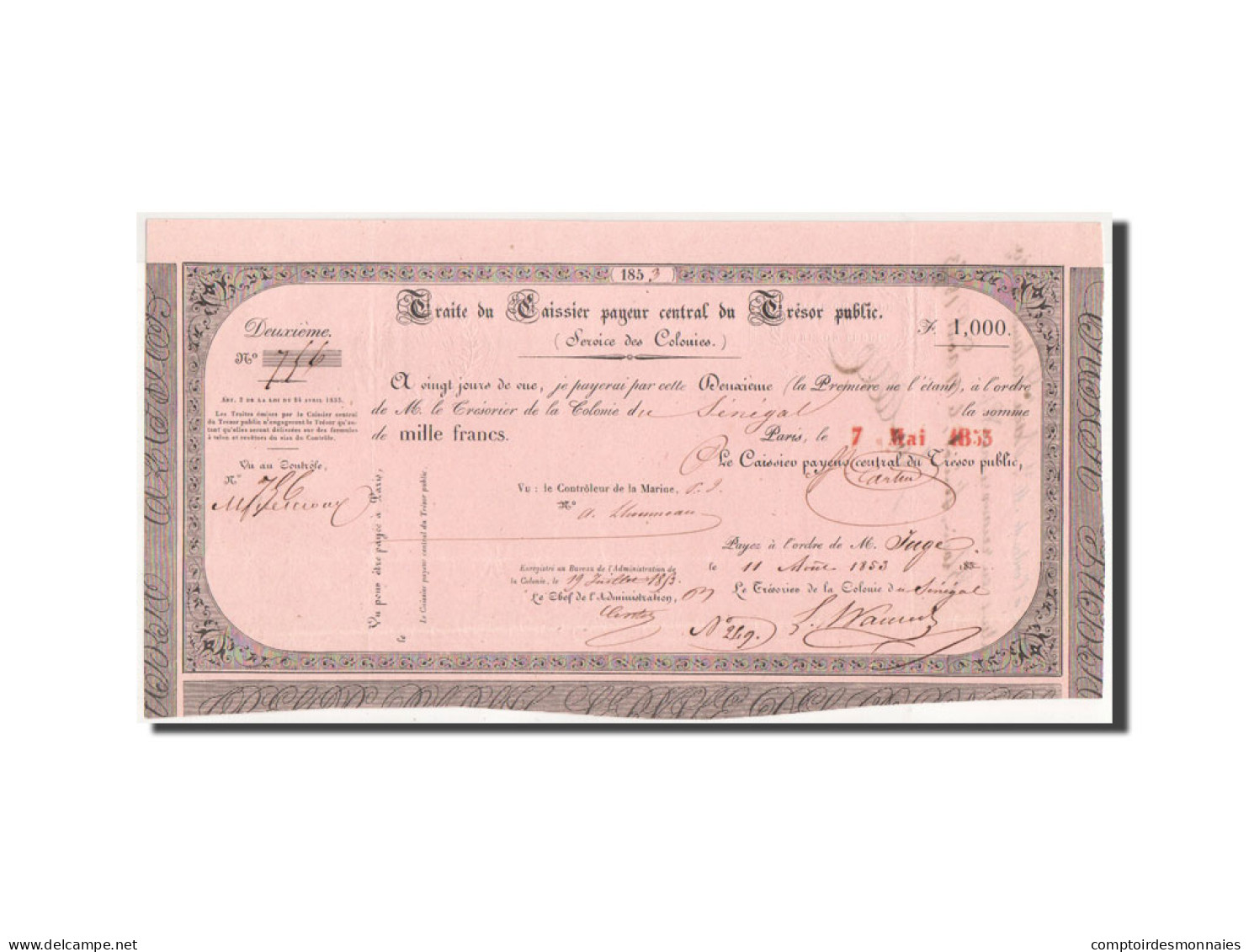 Sénégal, 1000 Francs, 7.5.1853, Traite Trésor Public, SUP - Sénégal