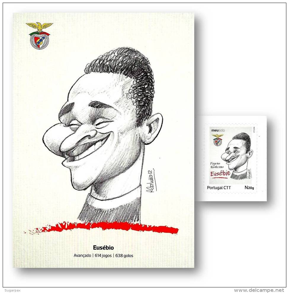 Lourenço Marques - S. L. BENFICA - Eusébio - Postcard &amp; Stamp - FIGURAS HISTÓRICAS 1.&ordf; Série - Cartoon Portugal - Unused Stamps