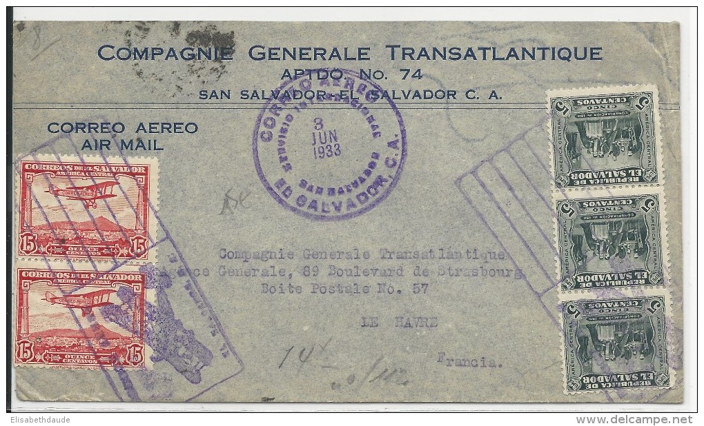 SALVADOR - 1933 - POSTE AERIENNE - ENVELOPPE AIRMAIL De SAN SALVADOR Pour LE HAVRE Via GENEVE - Salvador