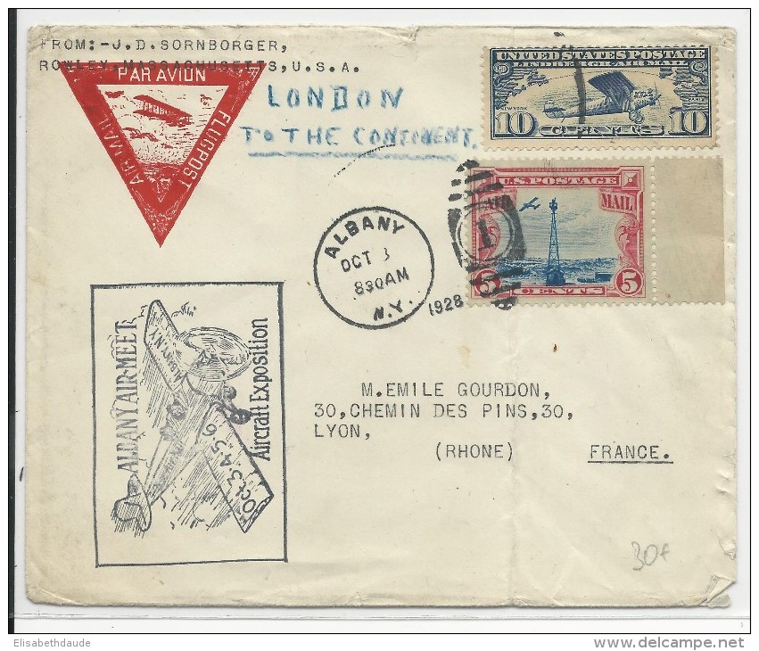 USA - 1928 - POSTE AERIENNE - ENVELOPPE AIRMAIL De ALBANY Pour LYON - VIGNETTE AERONAUTIQUE AU DOS - 1c. 1918-1940 Lettres