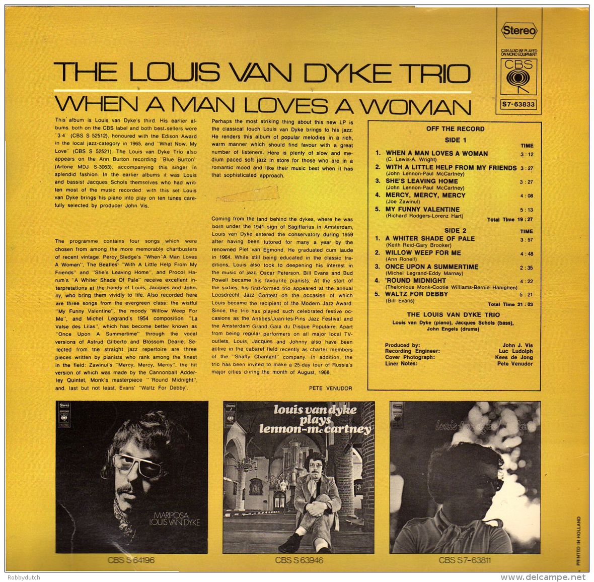 * LP *  LOUIS VAN DYKE TRIO - WHEN A MAN LOVES A WOMAN (Holland 1969) Louis Van Dijk - Jazz