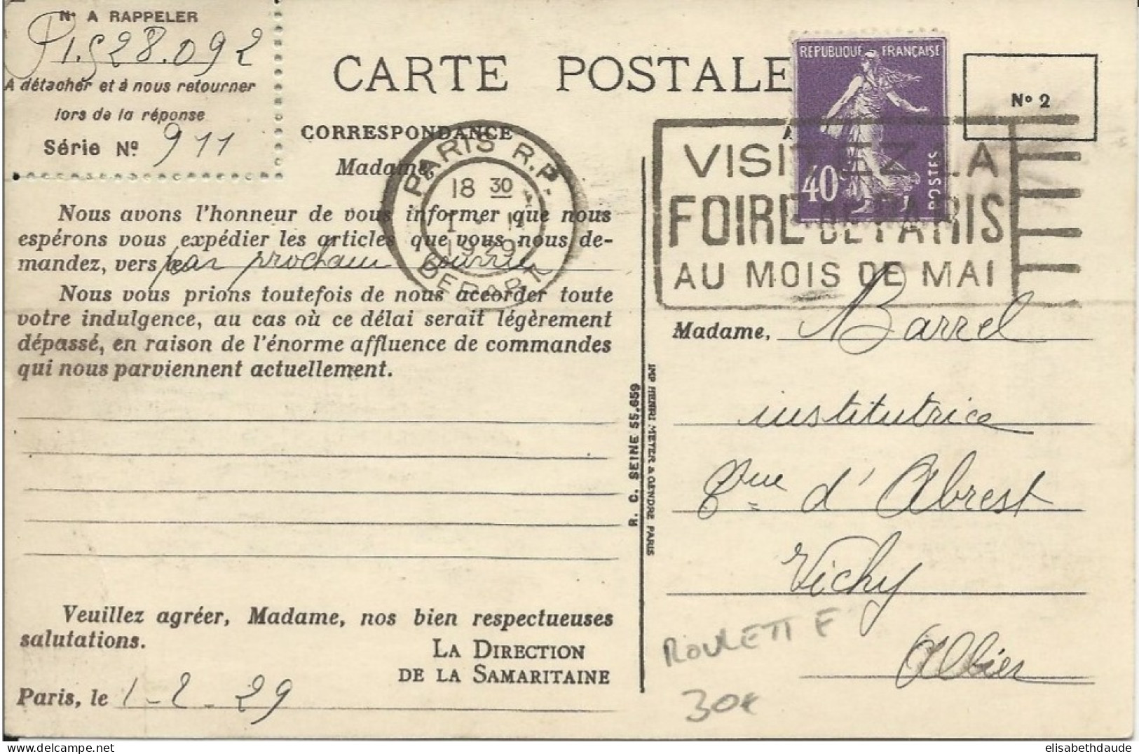 1929 - SEMEUSE 40c ROULETTE Sur CARTE PUBLICITAIRE De La SAMARITAINE à PARIS - 1906-38 Semeuse Camée