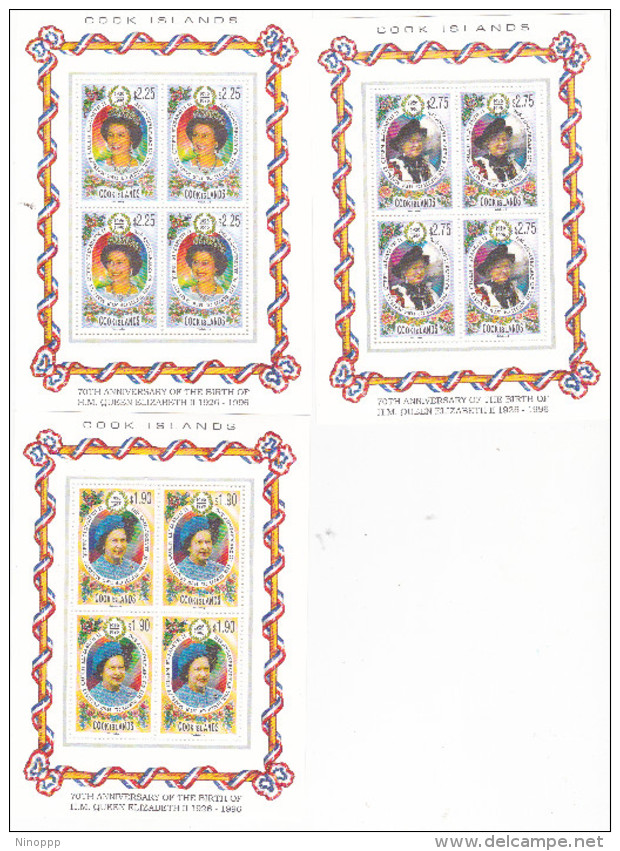 Cook Islands SG 1392-94 1996 70th Birthday Anniversary Of Queen Elizabeth II,sheetlets, MNH - Cook Islands