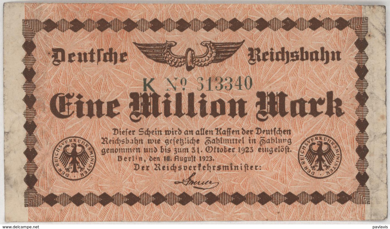 Eine Million Mark / 1 Million Mark - Reichsbanknote - German Reich / Deutsches Reich - Year 1923 - 1 Mio. Mark