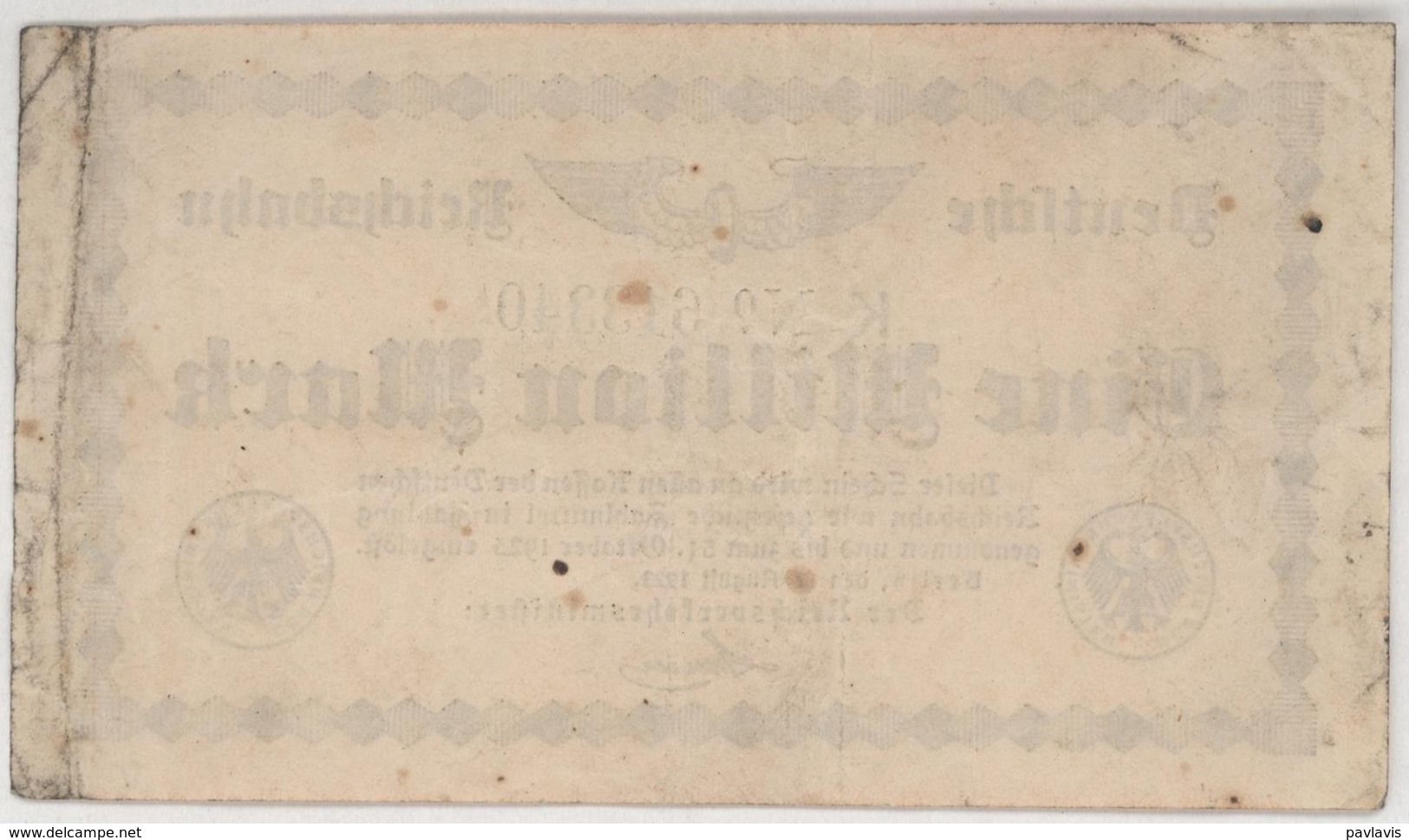 Eine Million Mark / 1 Million Mark - Reichsbanknote - German Reich / Deutsches Reich - Year 1923 - 1 Million Mark