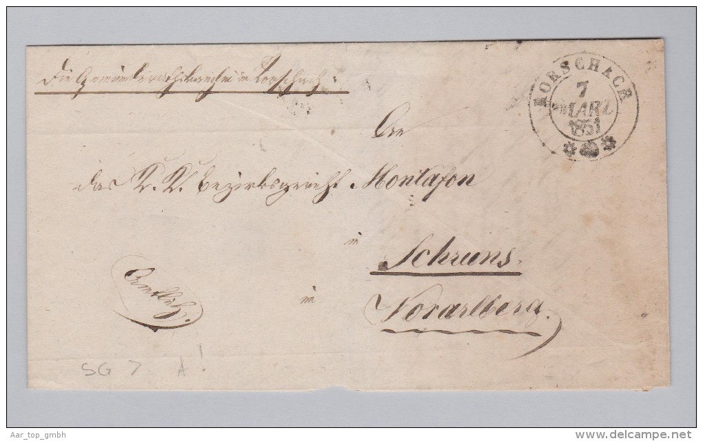 Heimat Schweiz SG RORSCHACH 1851-03-07 Brief Nach Schruns Mit Ankunft Und Transit Stempel - 1843-1852 Kantonalmarken Und Bundesmarken