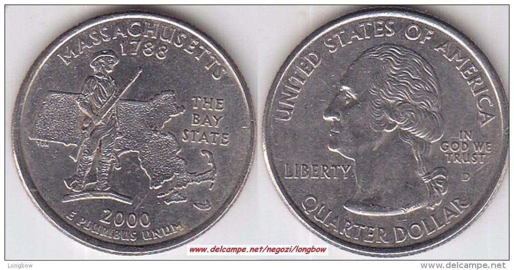 USA 25 Cents 2000 Massachusetts Km#305 - Used - 1999-2009: State Quarters