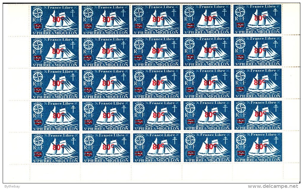 St Pierre Et Miquelon 1945 MNH Sc 316 Full Sheet Of 50 80c Surcharge On 5c Schooner - Has Been Folded - Blocs-feuillets