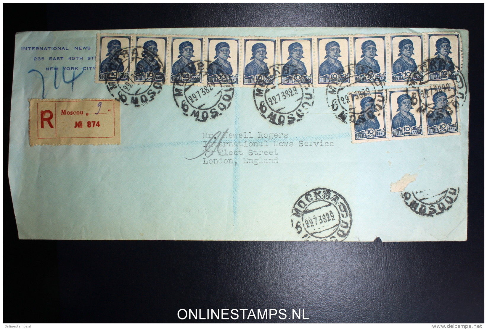 Russia  Registered Cover  1938 Moscou To London 4 Strips Of Stamps - Lettres & Documents