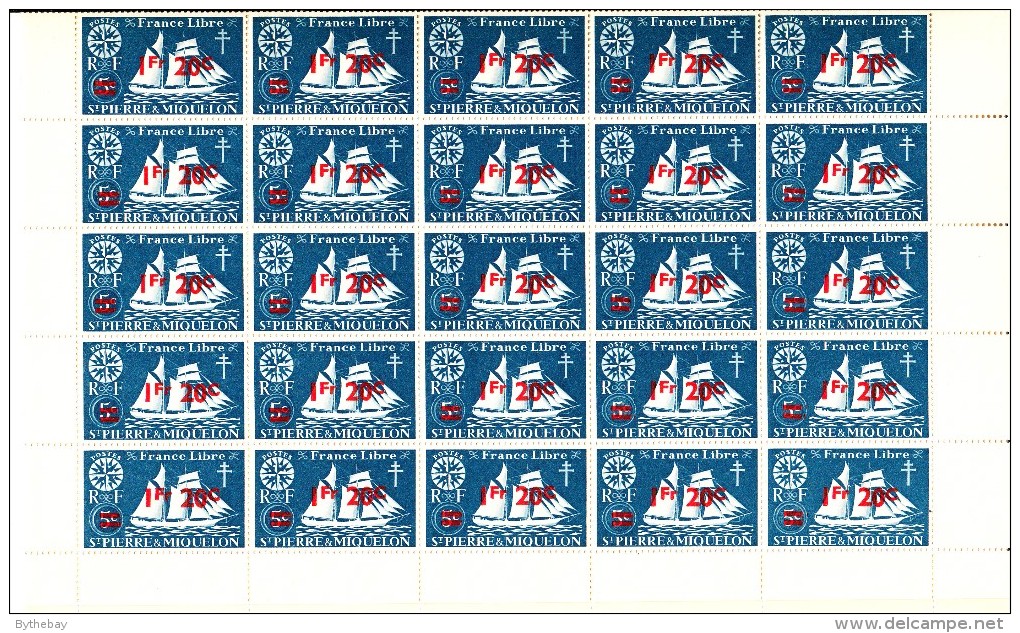 St Pierre Et Miquelon 1945 MNH Sc 317 Full Sheet Of 50 1.20fr Surcharge On 5c Schooner, Has Been Folded - Blocs-feuillets