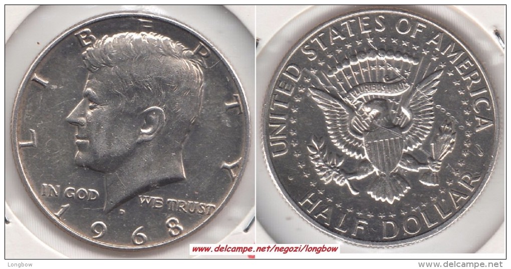 U.S.A. 50 Cents  Half Dollar 1968 (Kennedy - Silver) Km#202a - Used - 1964-…: Kennedy