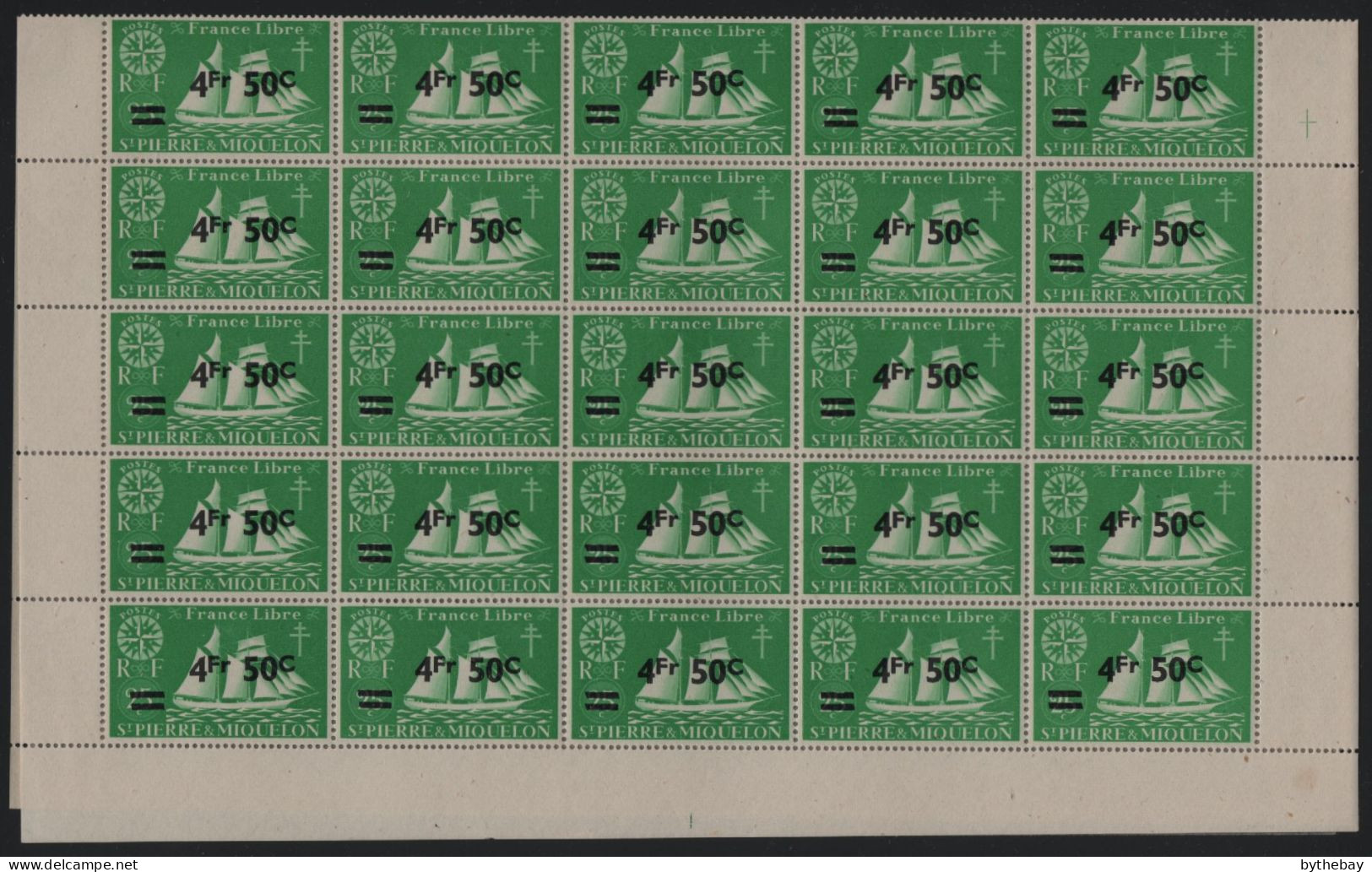 St Pierre Et Miquelon 1950 MNH Sc 320 Sheet Of 50 4.50fr Surcharge On 25c Schooner - Has Been Folded - Blocs-feuillets