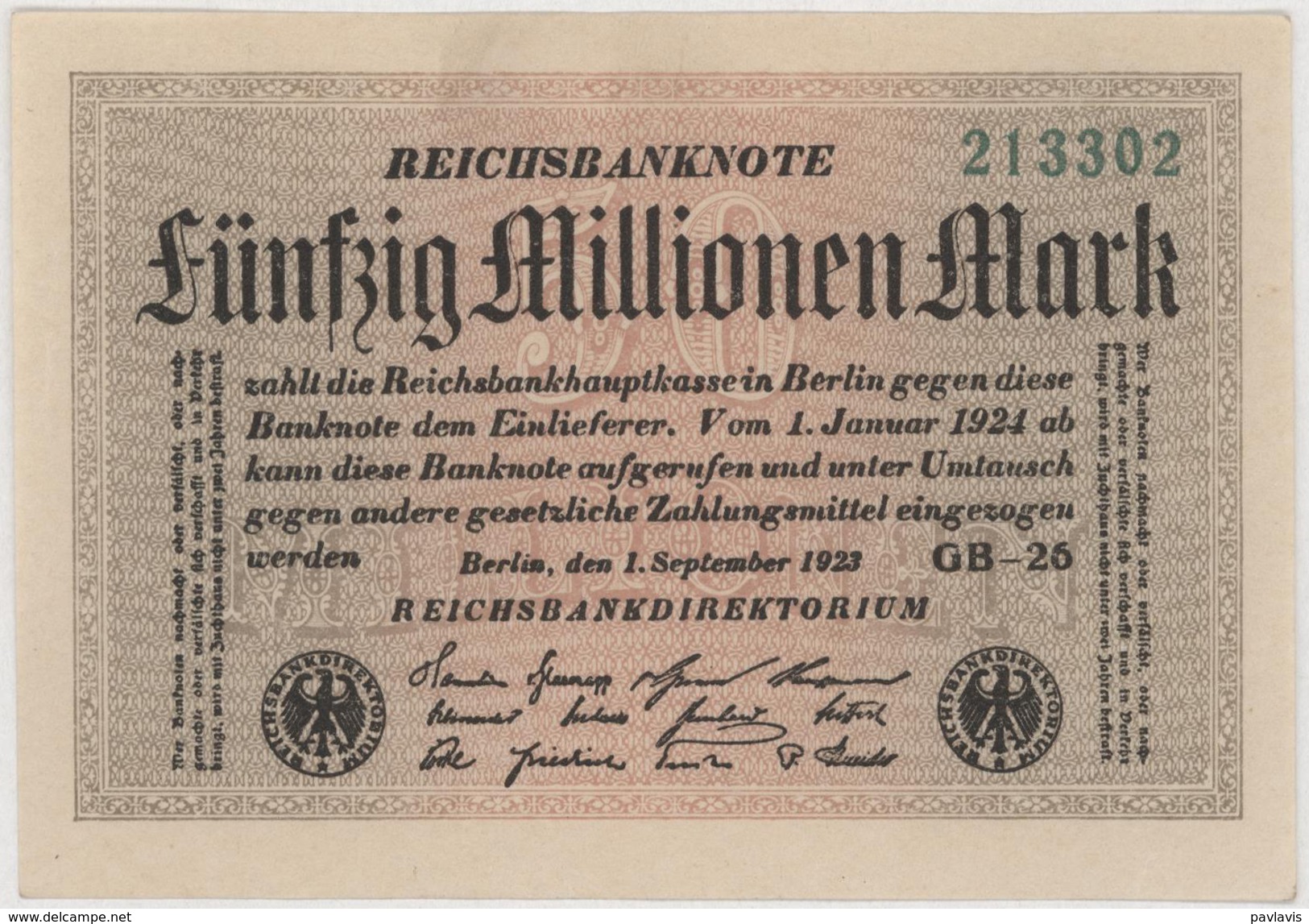 Fünfzig Millionen Mark / 50 Millionen Mark - Reichsbanknote - German Reich / Deutsches Reich - Year 1923 - 50 Millionen Mark