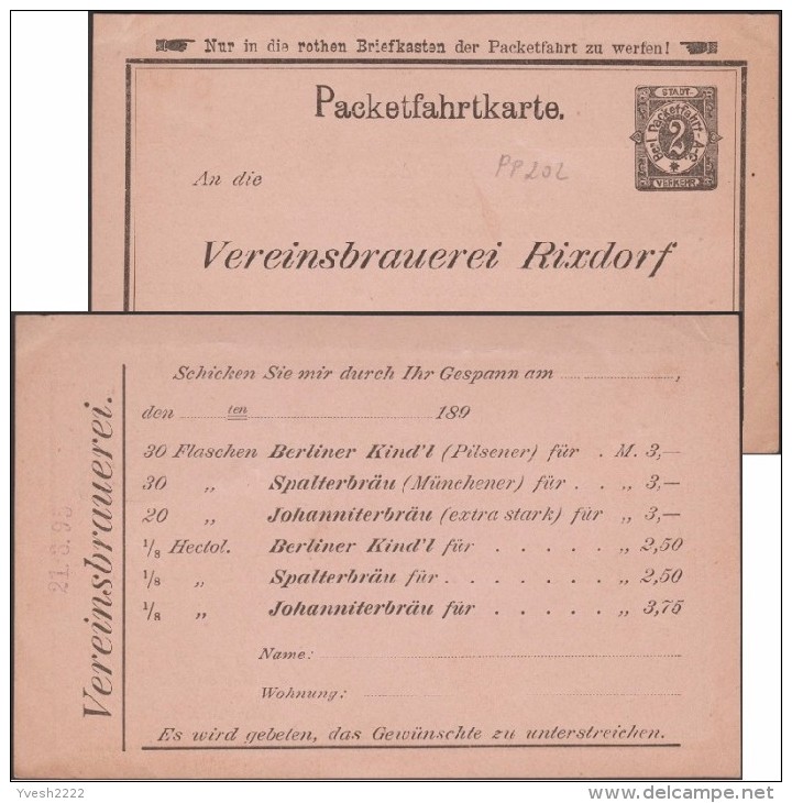 Allemagne 1896. Poste Locale De Berlin. Vereinsbrauerei Rixdorf. Bon De Commande De Bières : Berliner Kindl, Munichoise - Bier