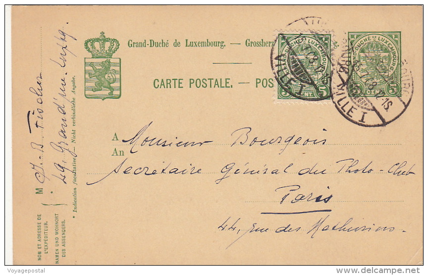 Entier Postal Luxembourg + Complement Pour Paris 1908 - Entiers Postaux