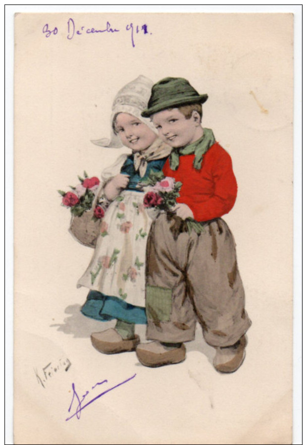 Illustrateur Karl Feiertag -  1911 -  Couple D'enfants En Costume Traditionnel - Feiertag, Karl