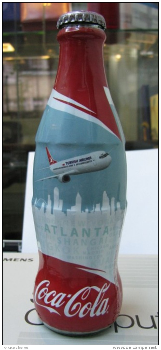 AC - TURKISH AIRLINES THY & COCA COLA ATLANTA USA SHRINK WRAPPED EMPTY GLASS BOTTLE LIMITED EDITION TURKEY