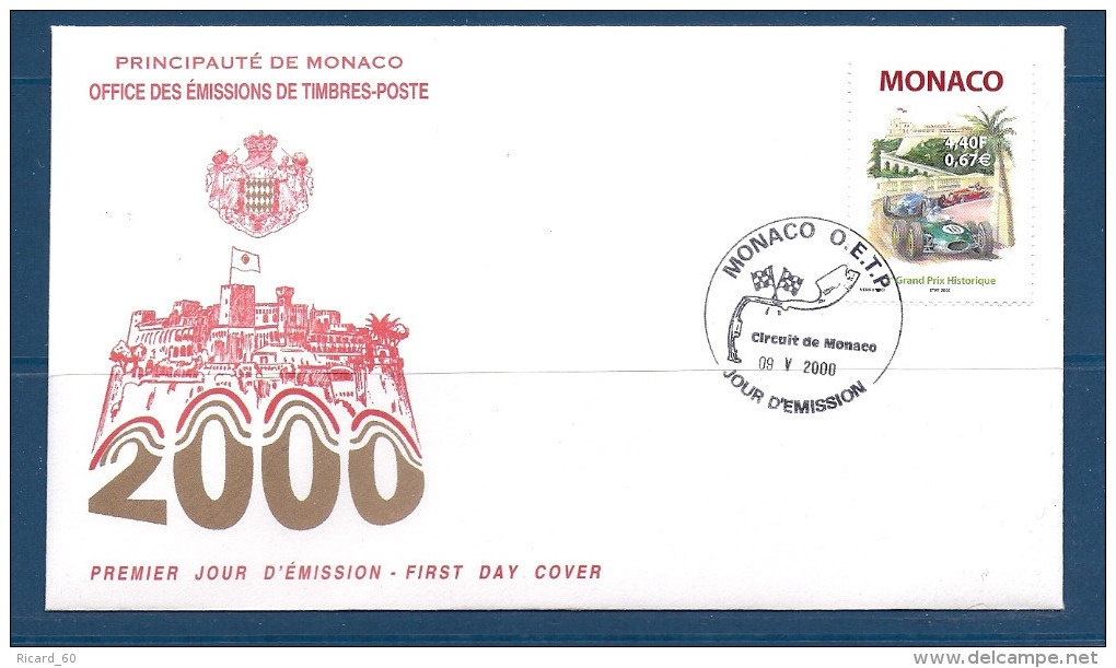 Env Fdc Monaco 9/5/2000, N°2251 Y Et T, Grand Prix Historique Sur Le Circuit Automobile De Monaco, Voitures Anciennes - FDC