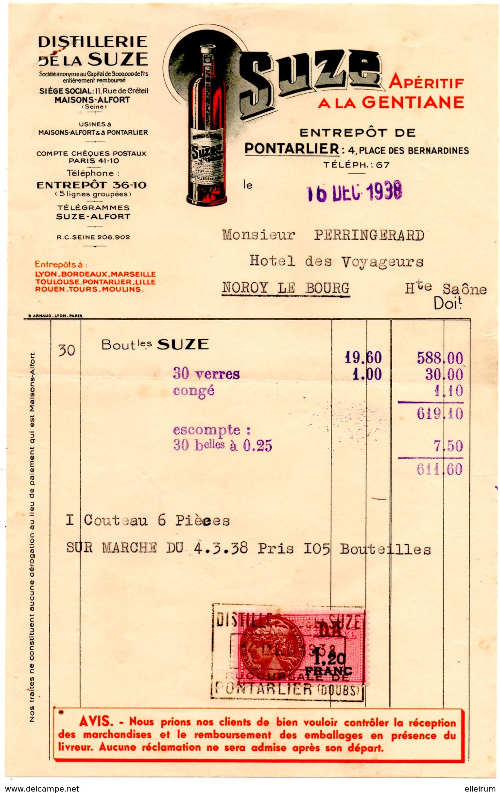 FACTURE. SUZE. APERITIF à La GENTIANE. ENTREPOT De PONTARLIER (25).  ENVOYE à NOROY-le-BOURG (70) - 1900 – 1949