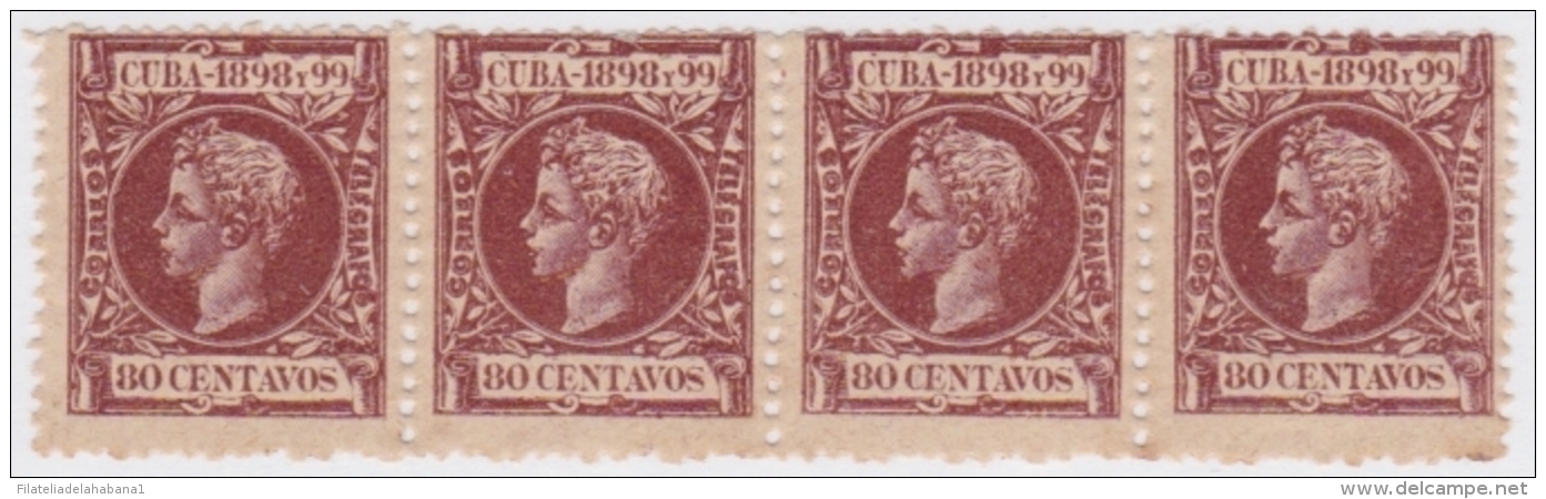 1898-141 CUBA ESPAÑA SPAIN. ALFONSO XIII. AUTONOMIA. 1898. Ed.171. 80c. TIRA DE 4 ORIGINAL GUM. - Prephilately