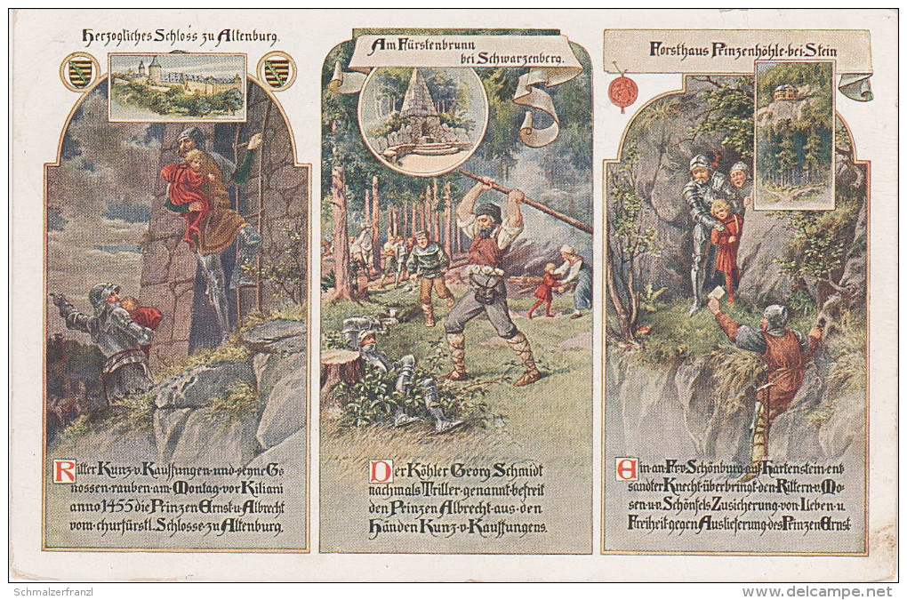 Litho AK Trilogie Prinzenraub Altenburg + Fürstenbrunn Schwarzenberg Grünhain + Prinzenhöhle Stein Bei Hartenstein - Grünhain