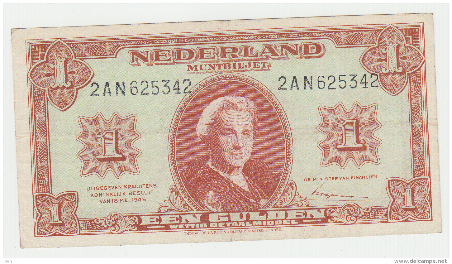 Netherlands 1 Gulden 1945 VF+ Pick 70 - 1 Gulden