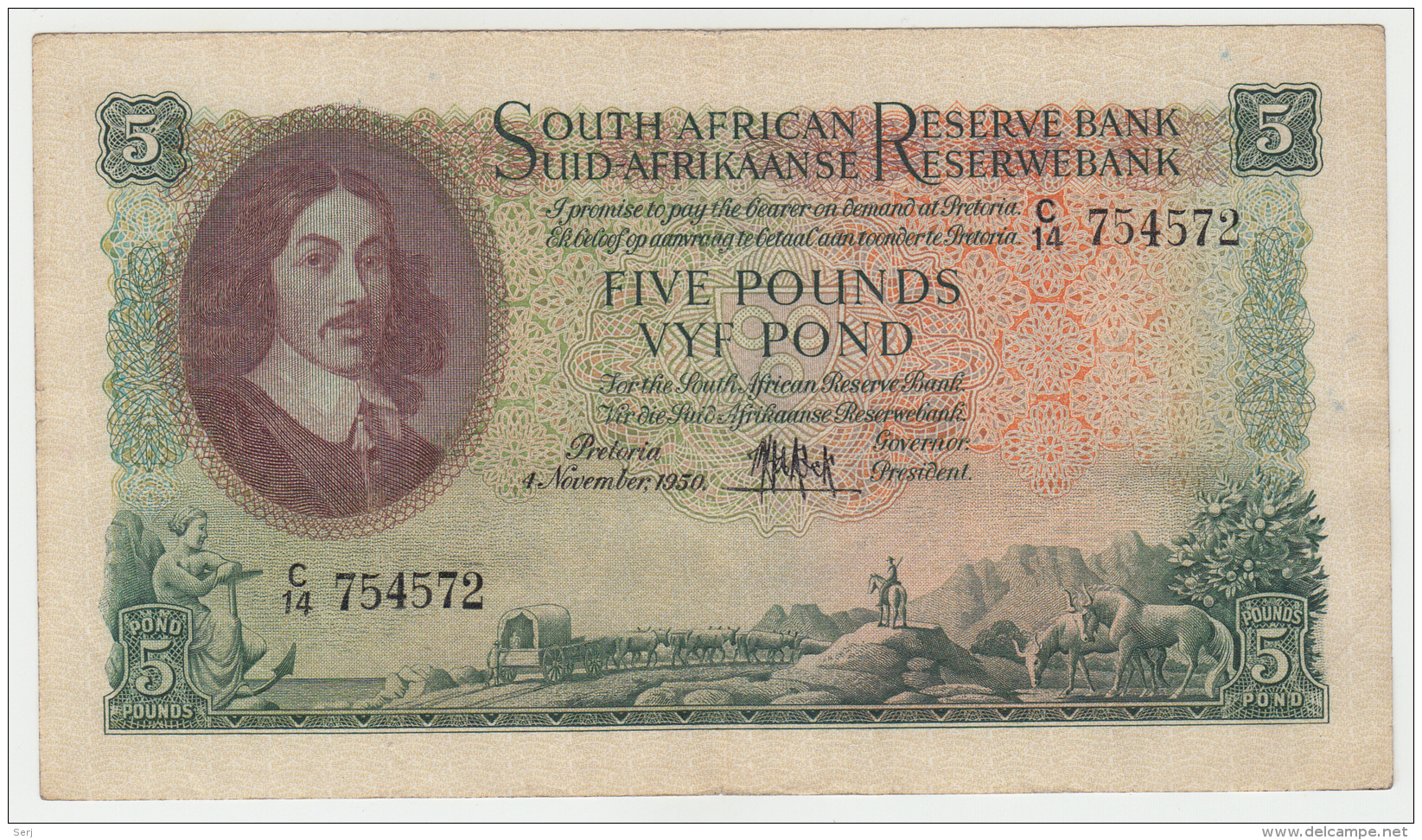 South Africa 5 Pounds 1950 VF+ Banknote Pick 96a  96 A - South Africa