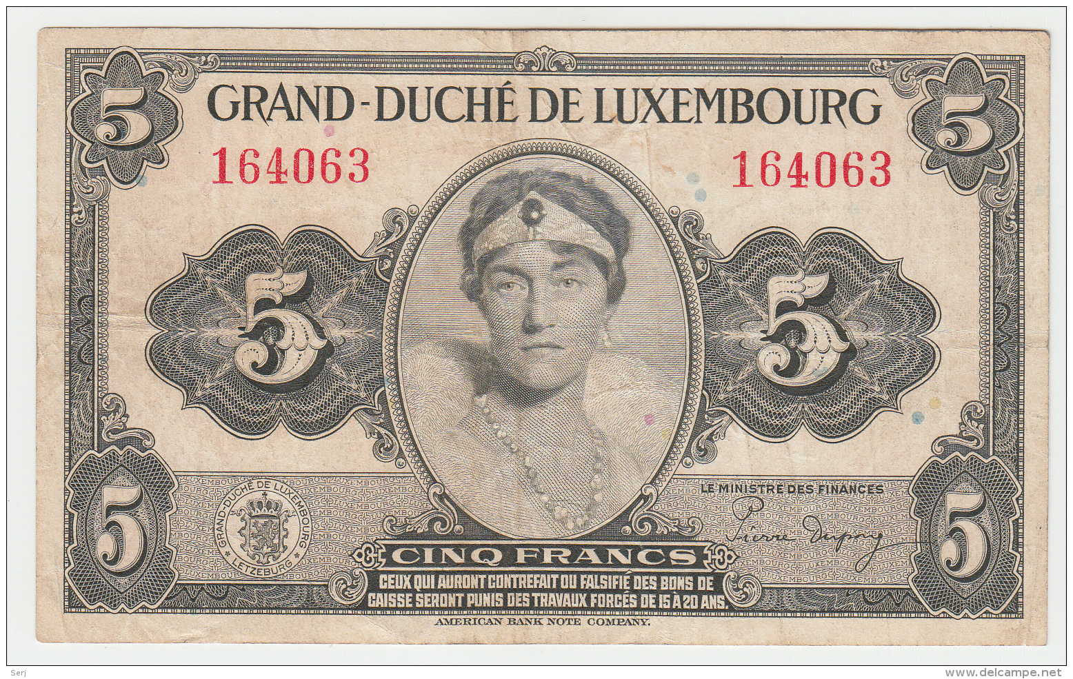 LUXEMBOURG 5 FRANCS 1944 VF+ Pick 43a 43 A - Lussemburgo