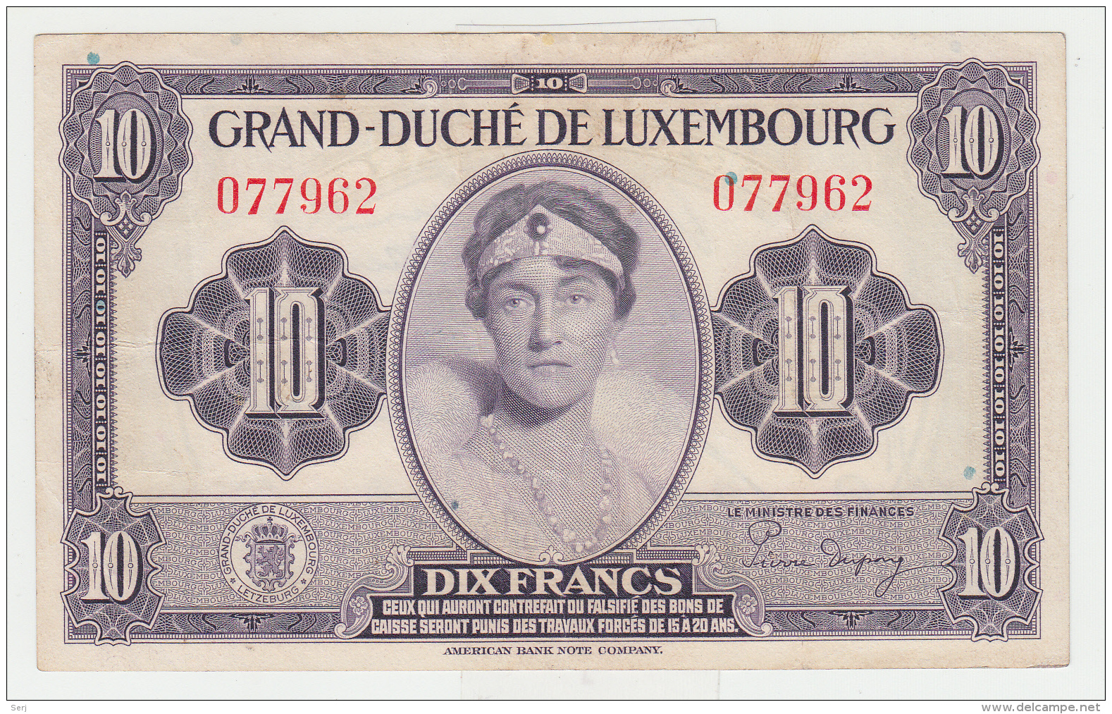 LUXEMBOURG 10 FRANCS 1944 VF+ Pick 44 - Luxembourg