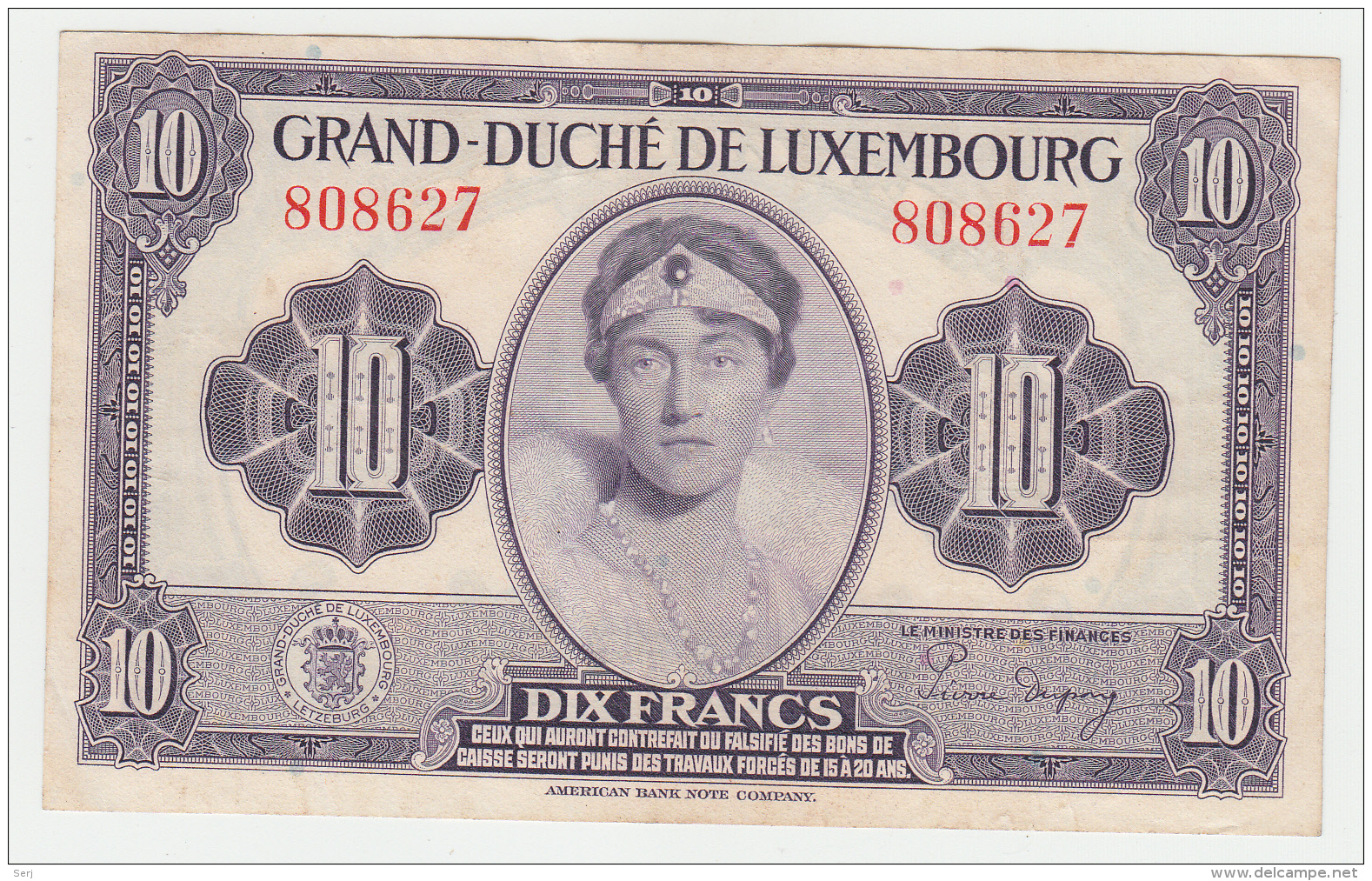 LUXEMBOURG 10 FRANCS 1944 VF+ Pick 44 - Luxembourg