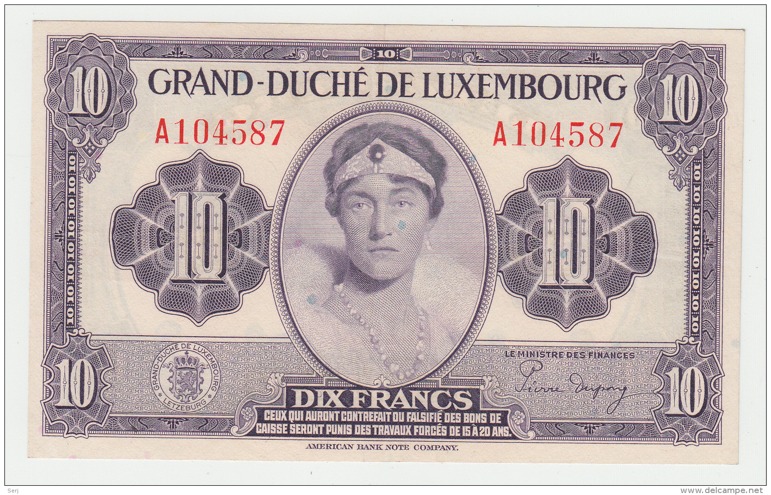 LUXEMBOURG 10 FRANCS 1944 AXF Pick 44 - Luxembourg