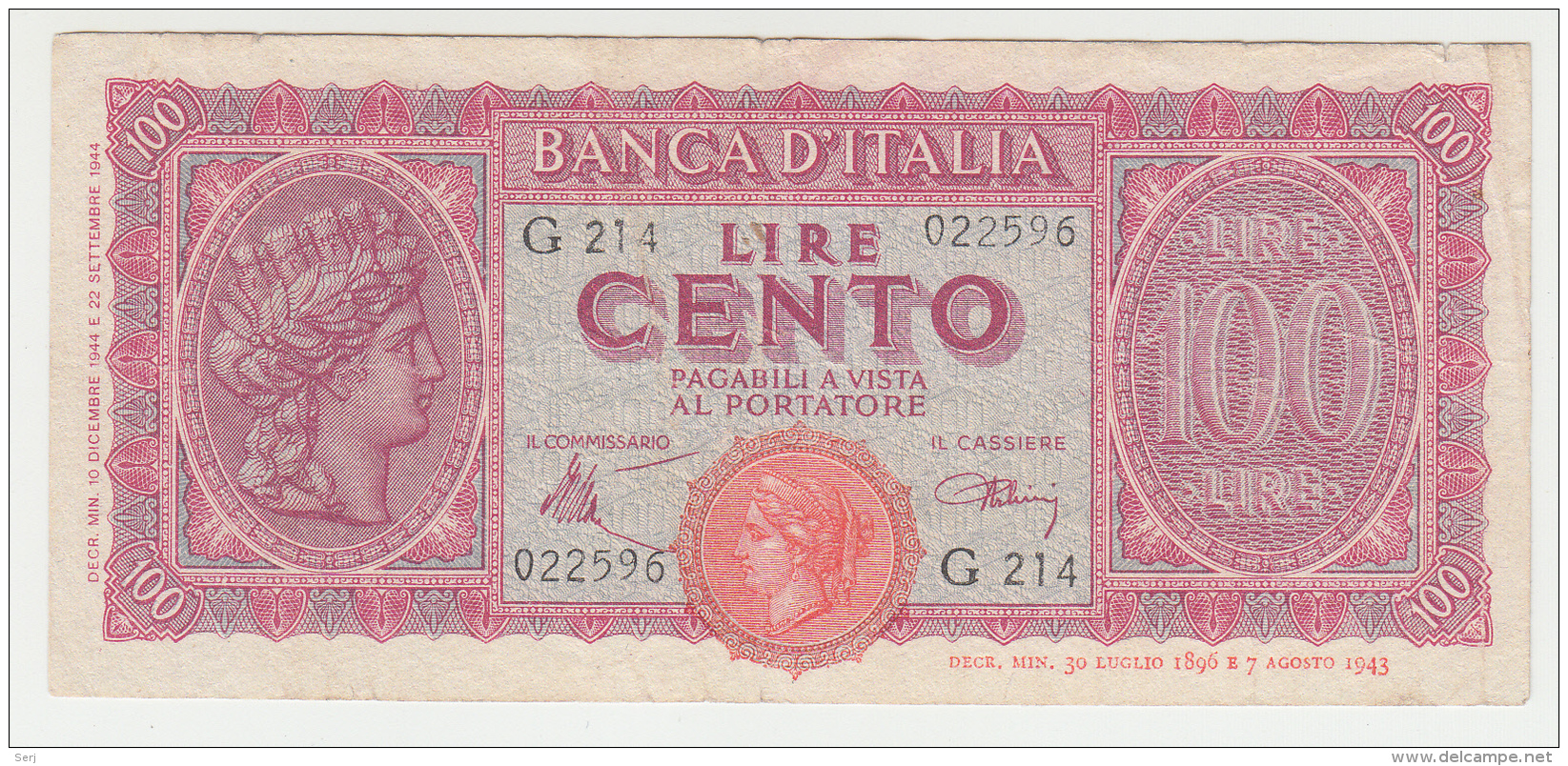 Italy 100 Lire 1944 "F+" Pick 75a 75 A - 100 Liras