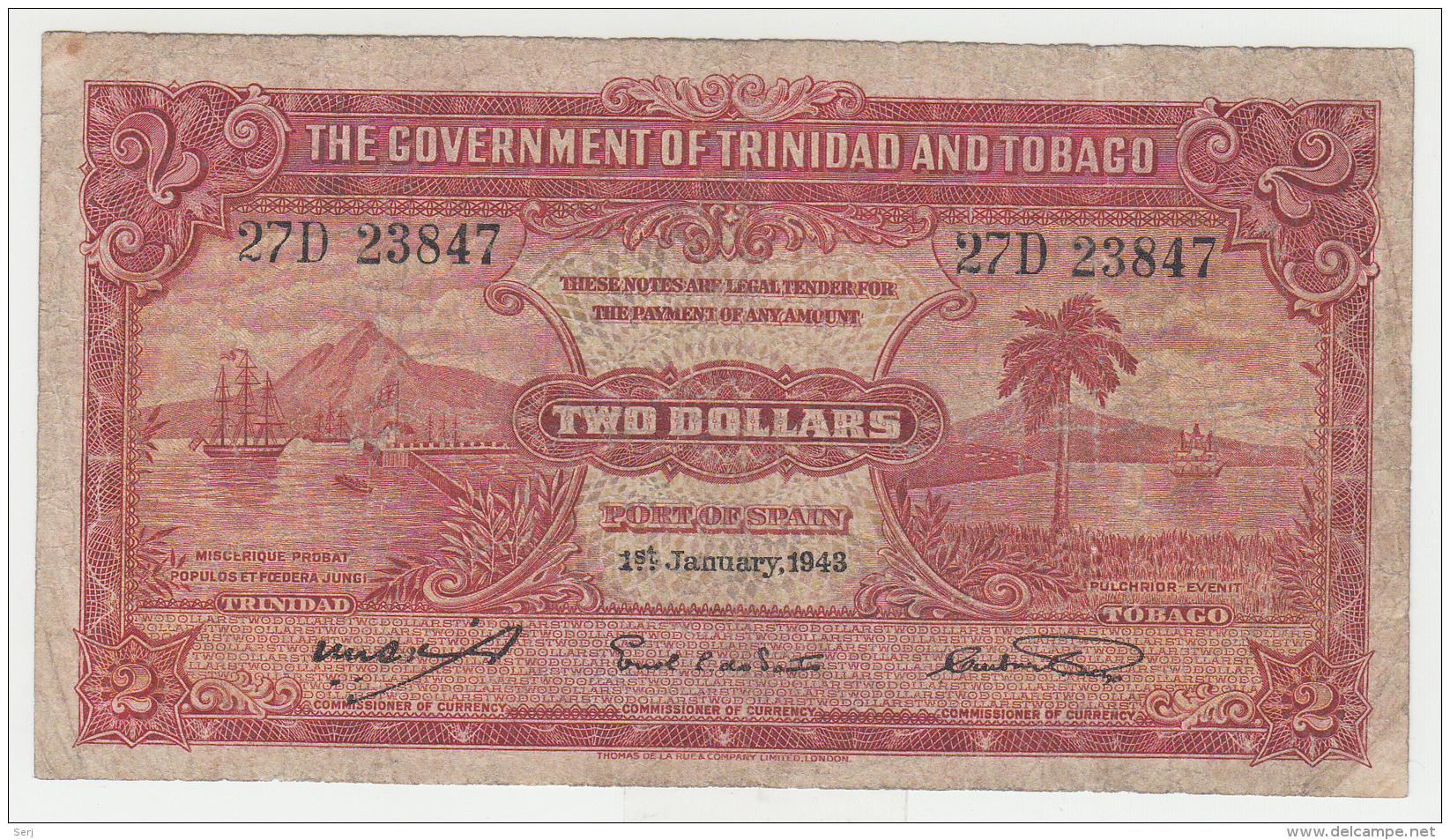 Trinidad &amp; Tobago 2 Dollars 1943 "aF" Pick 8 - Trinidad & Tobago