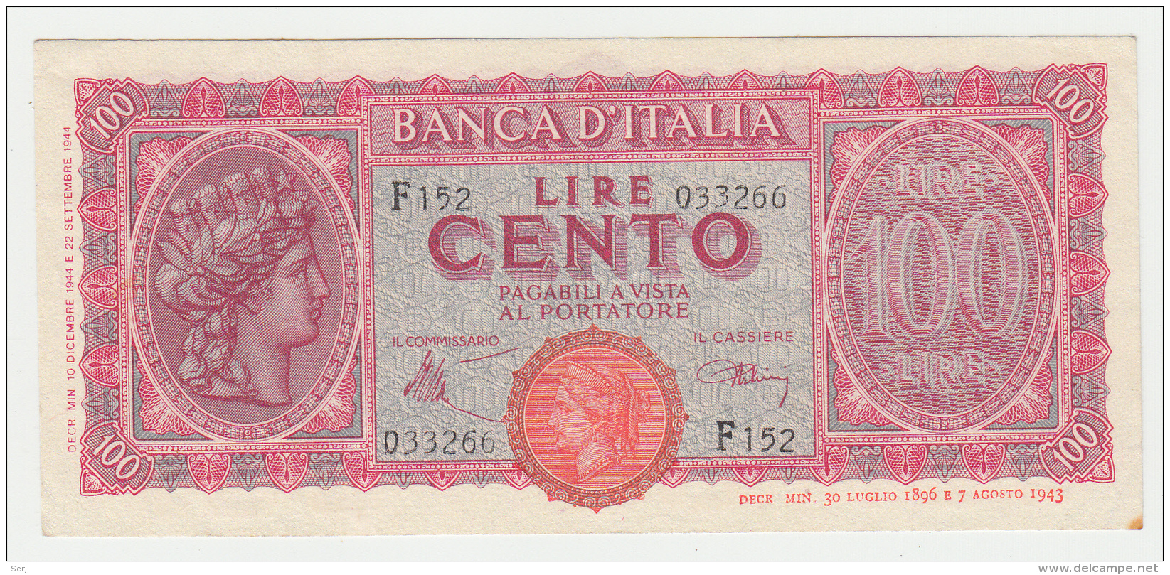 Italy 100 Lire 1944 VF++ Pick 75a 75 A - 100 Liras