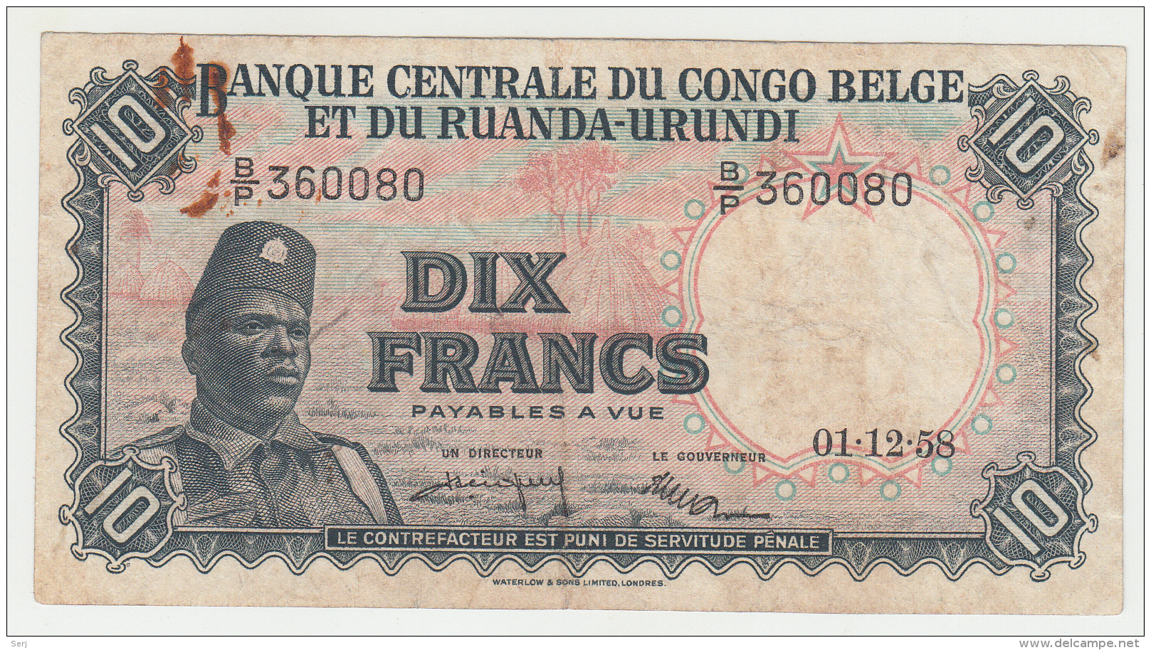 Belgian Congo 10 Francs 1958 VF Banknote Pick 30b  30 B - Bank Belg. Kongo